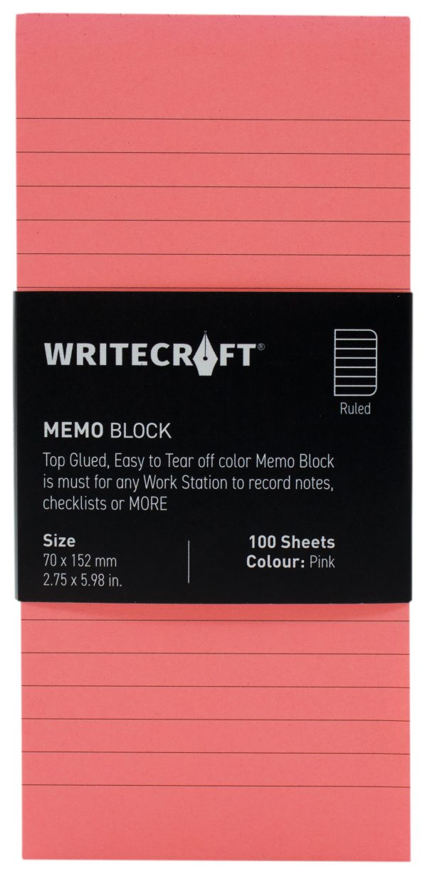 WriteCraft Coloured Memo Block | Uncoated Colour | Use for Any Work | Station To Record Notes & Checklist | 250/80 GSM | Ruled | 70x152 | 100 Sheets | Pack of 1 - Pink