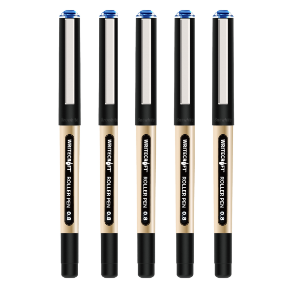 WRITECRAFT 0.8 mm Roller Ball Pen - Waterproof Quick Dry Ink - Blue - Pack of 5