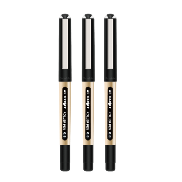 WRITECRAFT 0.8 mm Roller Ball Pen - Waterproof Quick Dry Ink - Black - Pack of 3