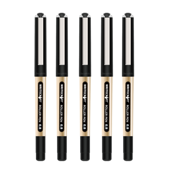 WRITECRAFT 0.8 mm Roller Ball Pen - Waterproof Quick Dry Ink - Black - Pack of 5