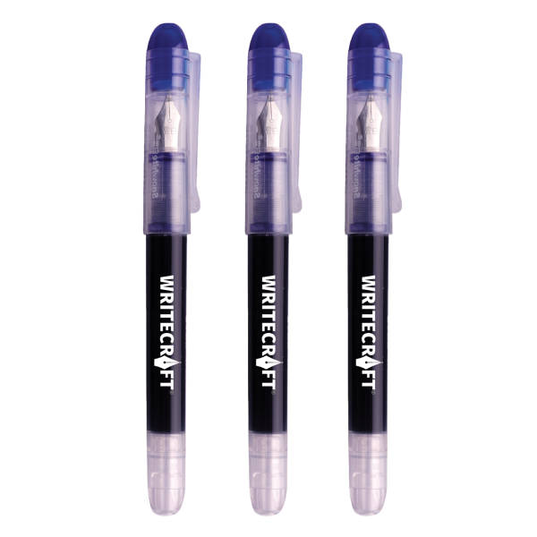 WRITECRAFT Fountain Pen - Medium Tip - Blue - Waterproof Quick Dry Ink - Pack of 3