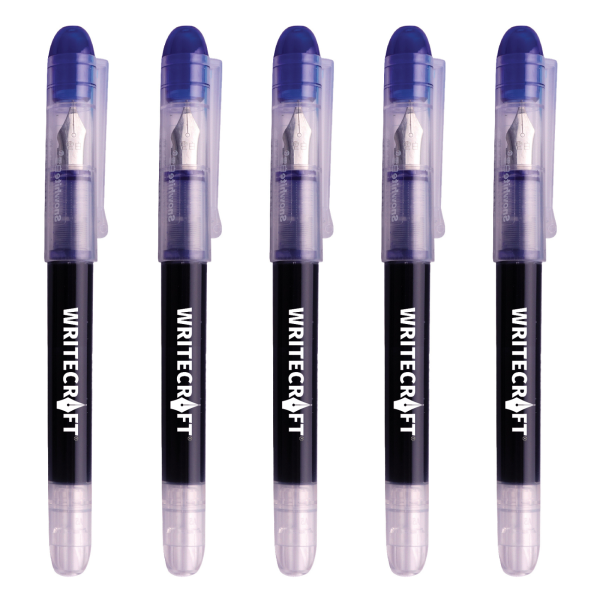 WRITECRAFT Fountain Pen - Medium Tip - Blue - Waterproof Quick Dry Ink - Pack of 5