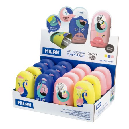 Milan Erasers With Pencil Sharpener Capsule Peacock