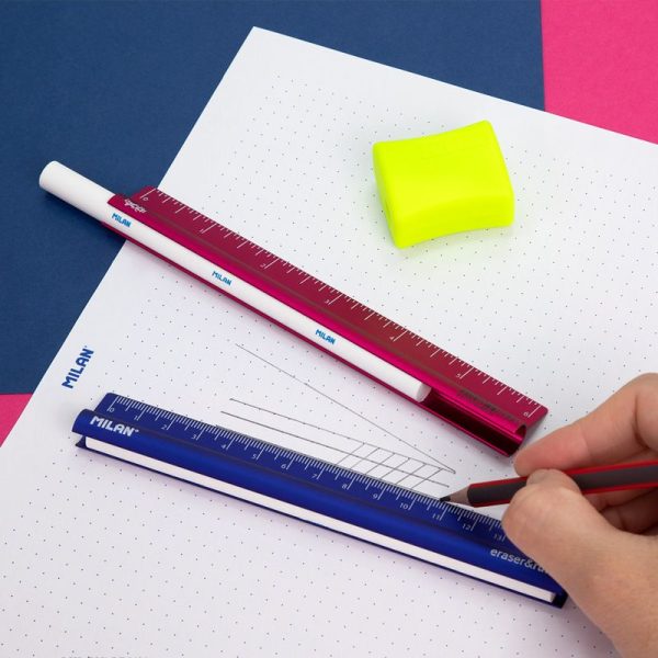 Milan_Metallic Ruler 15 cm with Eraser, Durable, Precise & Stylish Measuring Tool, 2-in-1 with Built-In Eraser - 1 Pcs.