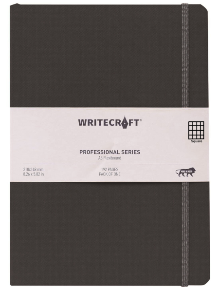 WriteCraft Professional Series Notebook with Elastic Strap | Round Corner | Flexibound A5 Paperback | 192 Square Pages | Pack of 1 - Black