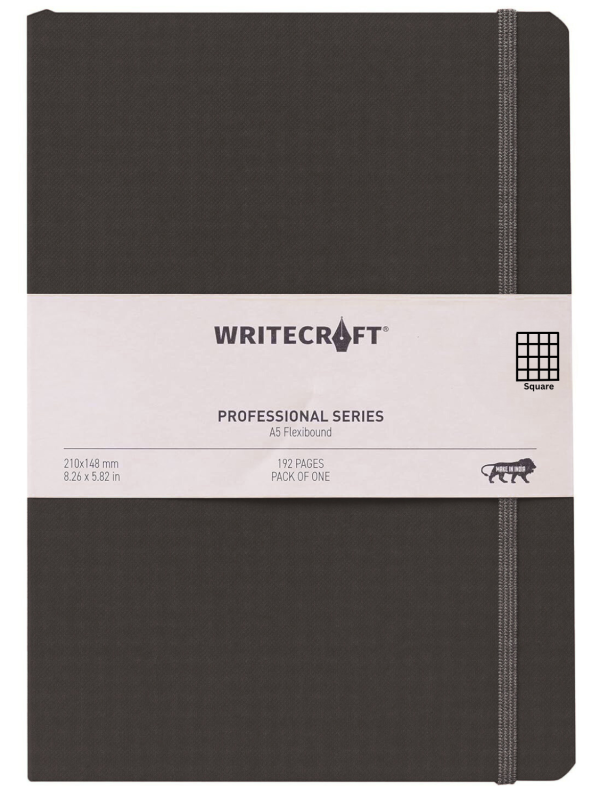 WriteCraft Professional Series Notebook with Elastic Strap | Round Corner | Flexibound A5 Paperback | 192 Square Pages | Pack of 1 - Black