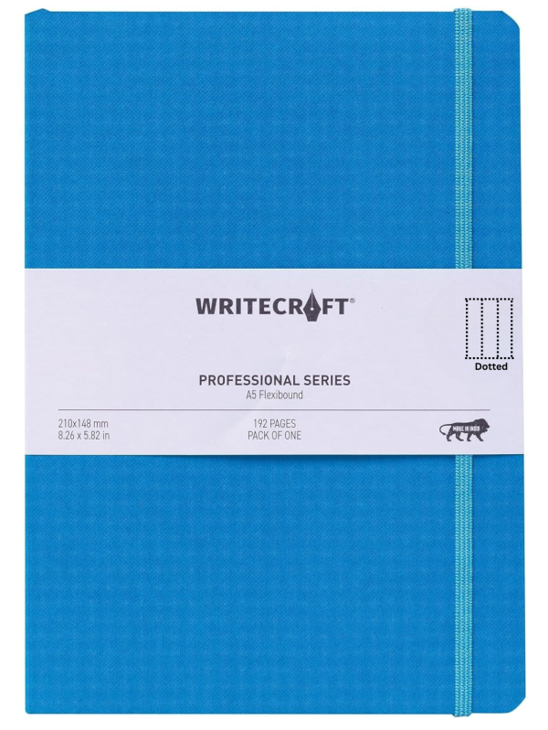 WriteCraft Professional Series Notebook with Elastic Strap | Round Corner | Flexibound A5 Paperback | 192 Dotted Pages | Pack of 1 - Kingfisher