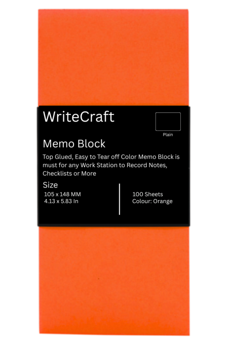 WriteCraft Coloured Memo Block with 100 Plain Sheets | Use for Any Work | Station To Record Notes & Checklist | 250/80 GSM | Size 105x148 | Pack of 1 - Orange