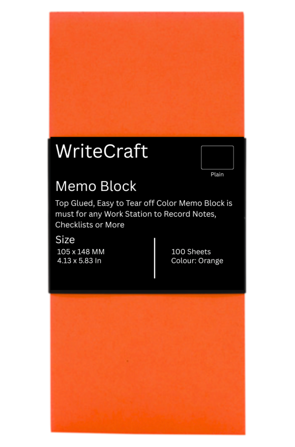 WriteCraft Coloured Memo Block with 100 Plain Sheets | Use for Any Work | Station To Record Notes & Checklist | 250/80 GSM | Size 105x148 | Pack of 1 - Orange