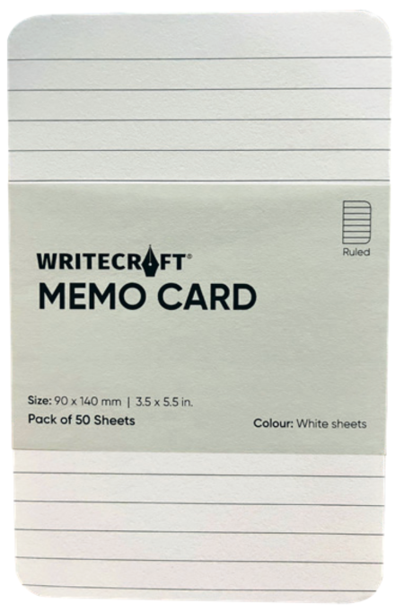 WriteCraft Memo Card | 50 Ruled White Sheets | 120 Paper GSM | Size 90x144 MM | Pack of 50 - White Sheets