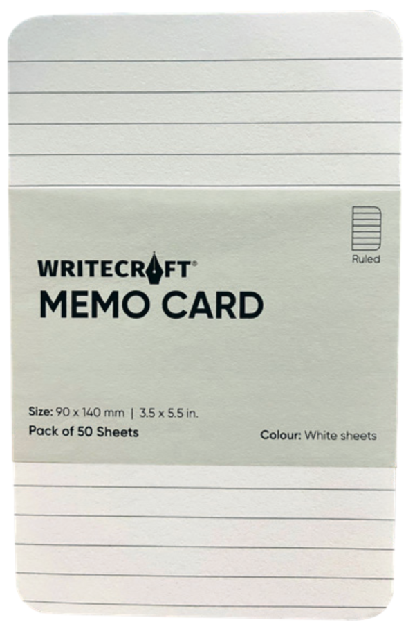WriteCraft Memo Card | 50 Ruled White Sheets | 120 Paper GSM | Size 90x144 MM | Pack of 50 - White Sheets