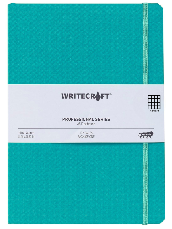 WriteCraft Professional Series Notebook with Elastic Strap | Round Corner | Flexibound A5 Paperback | 192 Square Pages | Pack of 1 - Sea Green