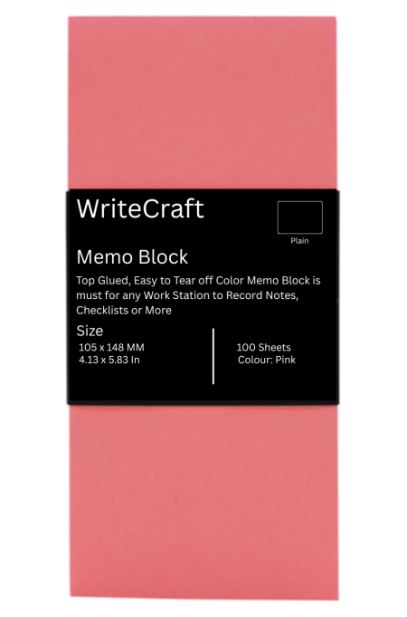 WriteCraft Coloured Memo Block with 100 Plain Sheets | Use for Any Work | Station To Record Notes & Checklist | 250/80 GSM | Size 105x148 | Pack of 1 - Pink