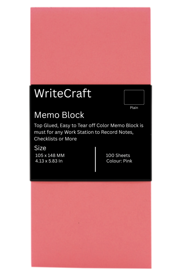 WriteCraft Coloured Memo Block with 100 Plain Sheets | Use for Any Work | Station To Record Notes & Checklist | 250/80 GSM | Size 105x148 | Pack of 1 - Pink