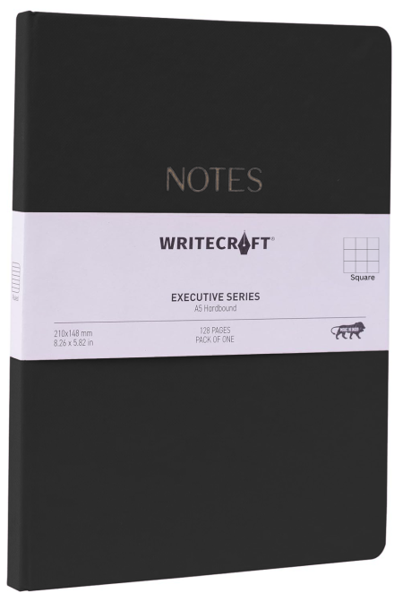 WriteCraft Executive Series Notebook with Round Corner | A5 Hardbound | 128 Sqaure  Pages | Pack of 1 - Black