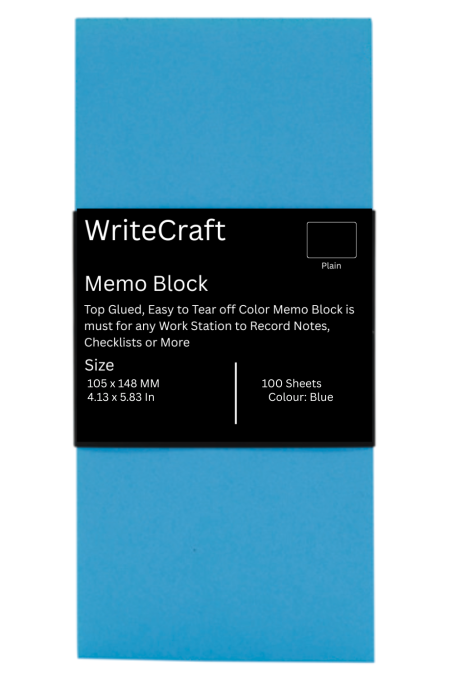 WriteCraft Coloured Memo Block with 100 Plain Sheets | Use for Any Work | Station To Record Notes & Checklist | 250/80 GSM | Size 105x148 | Pack of 1 - Blue