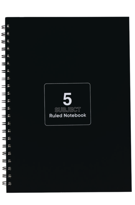 WriteCraft 5 Subject Ruled Notebook with Spiral Wiroound | 240 Ruled Pages (120 Sheets) | 80 GSM Paper | Size 180x248mm | Pack of 1 - Black