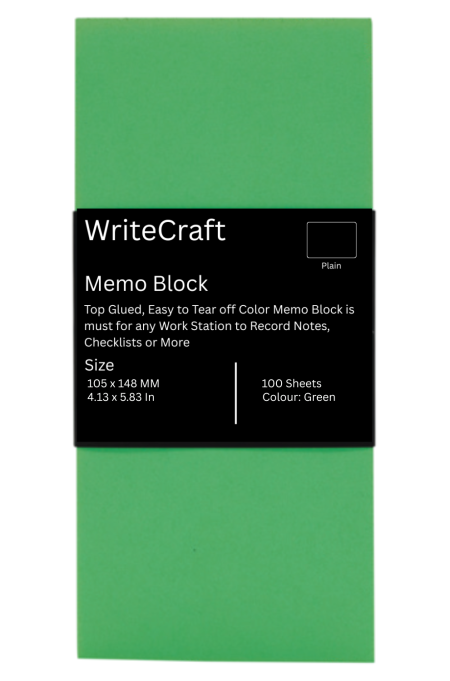 WriteCraft Coloured Memo Block with 100 Plain Sheets | Use for Any Work | Station To Record Notes & Checklist | 250/80 GSM | Size 105x148 | Pack of 1 - Green