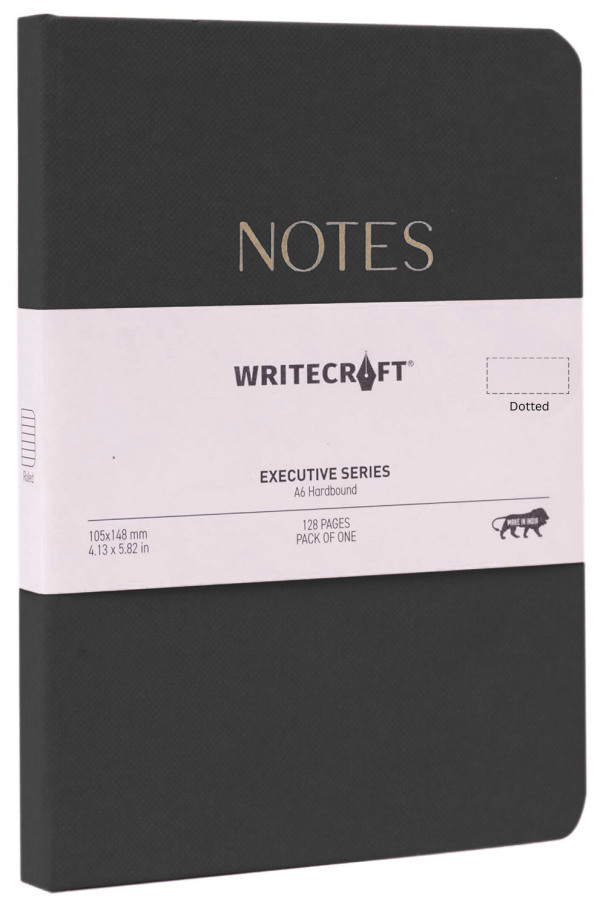 WriteCraft Executive Series Notebook with Round Corner | A6 Hardbound | 128 Dotted Pages | Pack of 1 - Black
