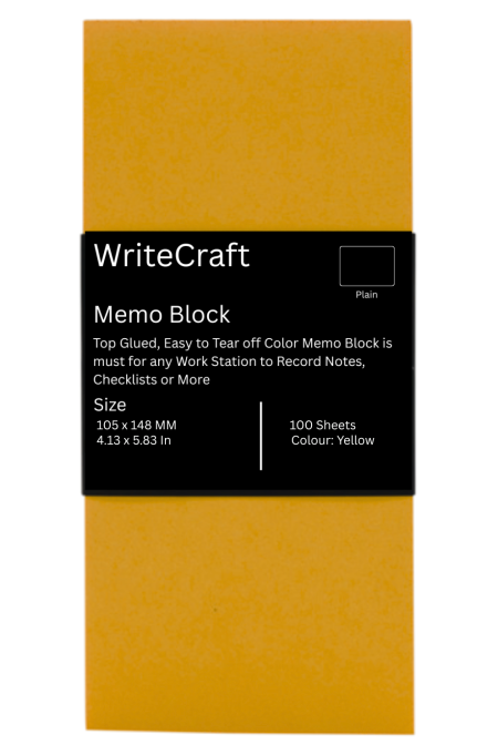 WriteCraft Coloured Memo Block with 100 Plain Sheets | Use for Any Work | Station To Record Notes & Checklist | 250/80 GSM | Size 105x148 | Pack of 1 - Yellow