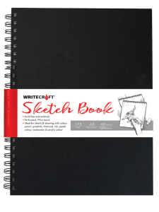 WriteCraft Wiro Series Sketch Book A5 | 120 Plain Pages (60 Leaves) | 3MM Mill Board Back | Perforated Wiro Bound For Watercolor, Graphite & Ink | Pack of 1 - Black