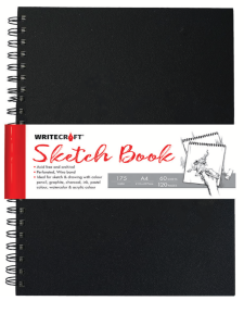 WriteCraft Wiro Series Sketch Book A4 | 120 Plain Pages (60 Leaves) | 3MM Mill Board Back | Perforated Wiro Bound For Watercolor, Graphite & Ink | Pack of 1 - Black