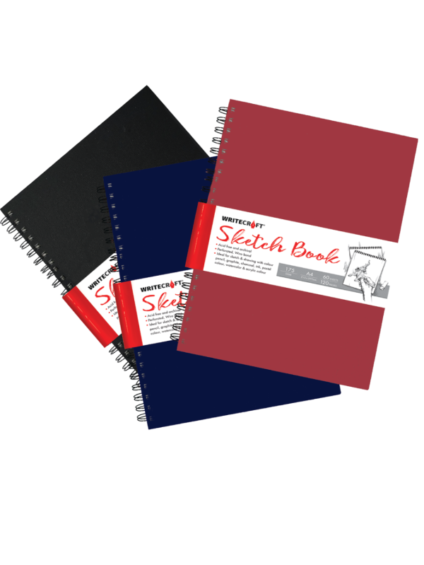WriteCraft Wiro Series Sketch Book A4 | 120 Plain Pages (60 Leaves) | 3MM Mill Board Back | Perforated Wiro Bound For Watercolor, Graphite & Ink | Pack of 1 - Black