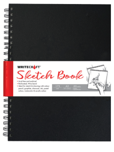 WriteCraft Wiro Series Sketch Book A3 | 120 Plain Pages (60 Leaves) | 3MM Mill Board Back | Perforated Wiro Bound For Watercolor, Graphite & Ink | Pack of 1 - Black
