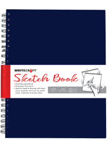 WriteCraft Wiro Series Sketch Book A5 | 120 Plain Pages (60 Leaves) | 3MM Mill Board Back | Perforated Wiro Bound For Watercolor, Graphite & Ink | Pack of 1 - Blue