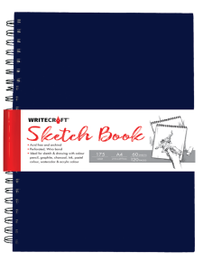 WriteCraft Wiro Series Sketch Book A4 | 120 Plain Pages (60 Leaves) | 3MM Mill Board Back | Perforated Wiro Bound For Watercolor, Graphite & Ink | Pack of 1 - Blue