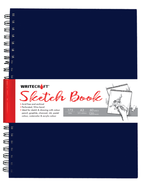 WriteCraft Wiro Series Sketch Book A3 | 120 Plain Pages (60 Leaves) | 3MM Mill Board Back | Perforated Wiro Bound For Watercolor, Graphite & Ink | Pack of 1 - Blue