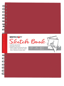 WriteCraft Wiro Series Sketch Book A3 | 120 Plain Pages (60 Leaves) | 3MM Mill Board Back | Perforated Wiro Bound For Watercolor, Graphite & Ink | Pack of 1 - Red