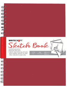 WriteCraft Wiro Series Sketch Book A4 | 120 Plain Pages (60 Leaves) | 3MM Mill Board Back | Perforated Wiro Bound For Watercolor, Graphite & Ink | Pack of 1 - Red