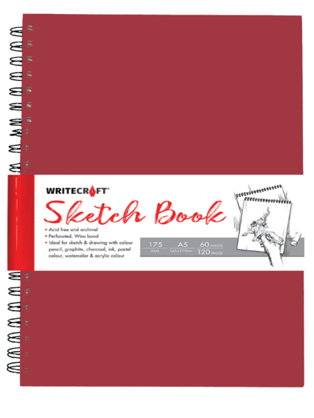 WriteCraft Wiro Series Sketch Book A5 | 120 Plain Pages (60 Leaves) | 3MM Mill Board Back | Perforated Wiro Bound For Watercolor, Graphite & Ink | Pack of 1 - Red