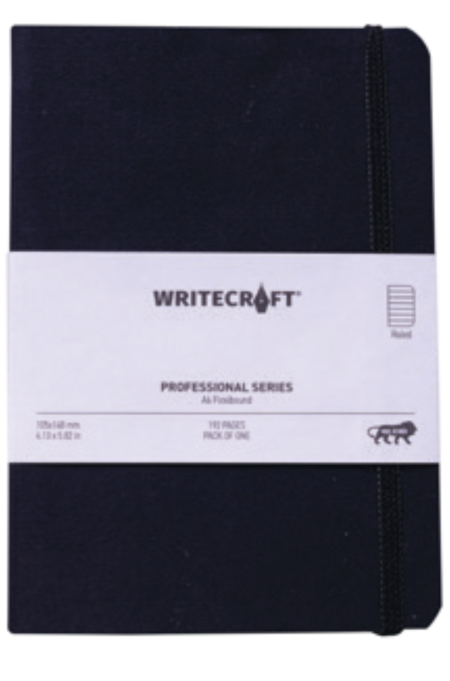 WriteCraft Professional Series Notebook with Elastic Strap | Round Corner | Flexibound A6 Paperback | 192 Ruled Pages | Pack of 1 - Black