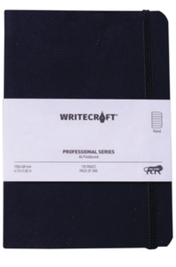WriteCraft Professional Series Notebook with Elastic Strap | Round Corner | Flexibound A6 Paperback | 192 Ruled Pages | Pack of 1 - Black