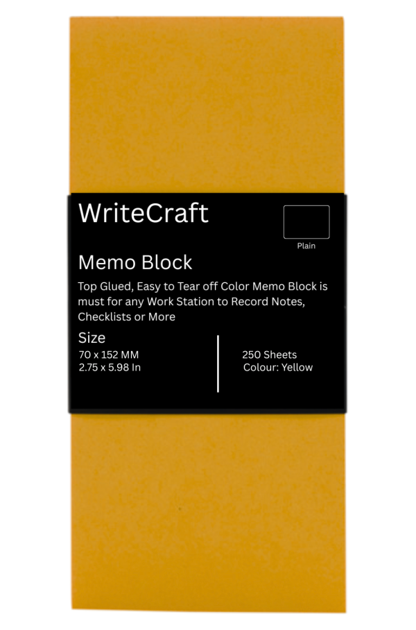 WriteCraft Coloured Memo Block with 250 Plain Sheets | Use for Any Work | Station To Record Notes & Checklist | 250/80 GSM | Size 70x152 | Pack of 1 - Yellow