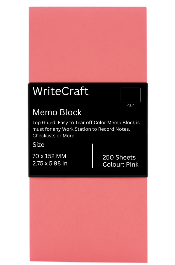 WriteCraft Coloured Memo Block with 250 Plain Sheets | Use for Any Work | Station To Record Notes & Checklist | 250/80 GSM | Size 70x152 | Pack of 1 - Pink