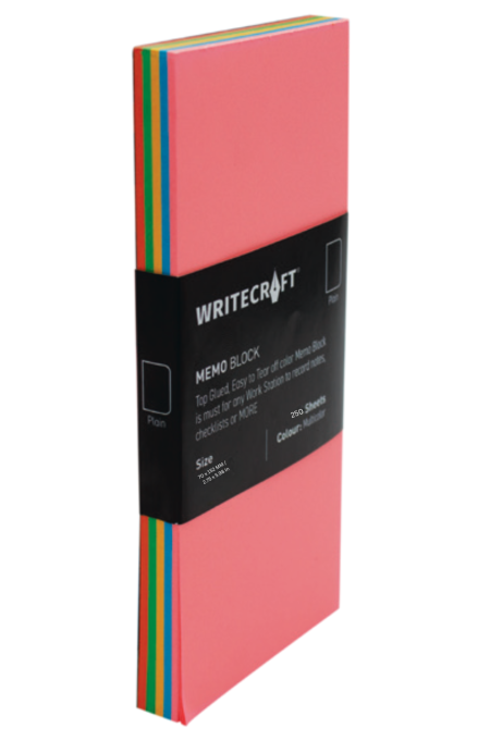 WriteCraft Coloured Memo Block with 250 Plain Sheets | Use for Any Work | Station To Record Notes & Checklist | 250/80 GSM | Size 70x152 | Pack of 1 - Multicolour