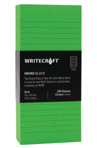 WriteCraft Coloured Memo Block with 250 Ruled Sheets | Use for Any Work | Station To Record Notes & Checklist | 250/80 GSM | Size 70?152 | Pack of 1 - Green