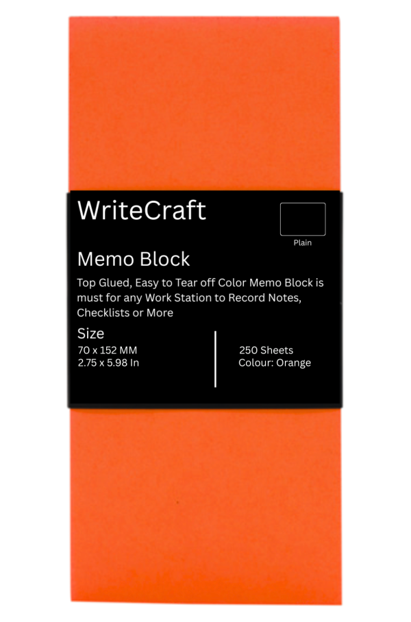 WriteCraft Coloured Memo Block with 250 Plain Sheets | Use for Any Work | Station To Record Notes & Checklist | 250/80 GSM | Size 70x152 | Pack of 1 - Orange