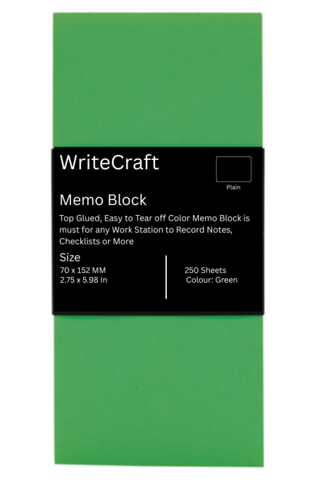 WriteCraft Coloured Memo Block with 250 Plain Sheets | Use for Any Work | Station To Record Notes & Checklist | 250/80 GSM | Size 70x152 | Pack of 1 - Green